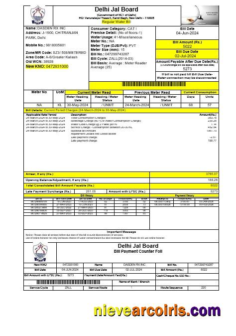 INIDA DELHI JAL BOARD business utility bill